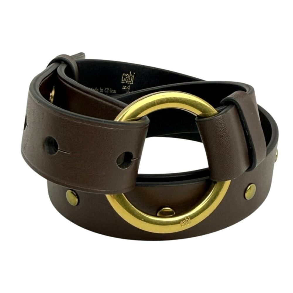 Cabi Brown Leather Belt Gold Ring Buckle Hook Closure Studs Low Slung Size 36
